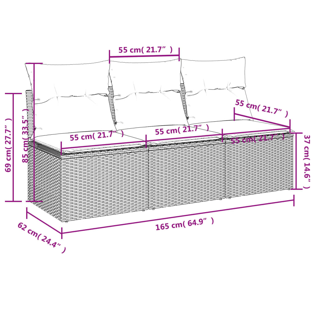 Tuinbank 3-zits met kussens poly rattan beige