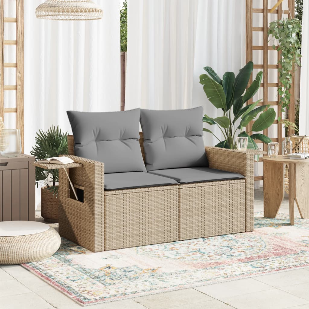 Tuinbank 2-Zits Met Kussens Poly Rattan Beige