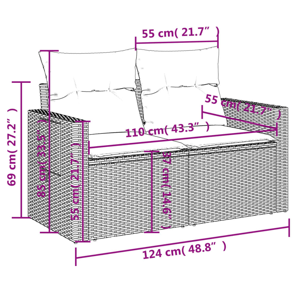 Tuinbank 2-Zits Met Kussens Poly Rattan Grijs