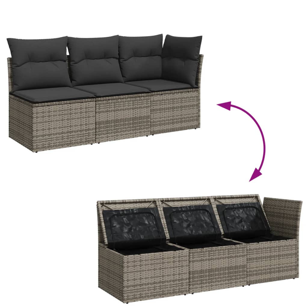 Tuinbank 3-zits met kussens poly rattan grijs