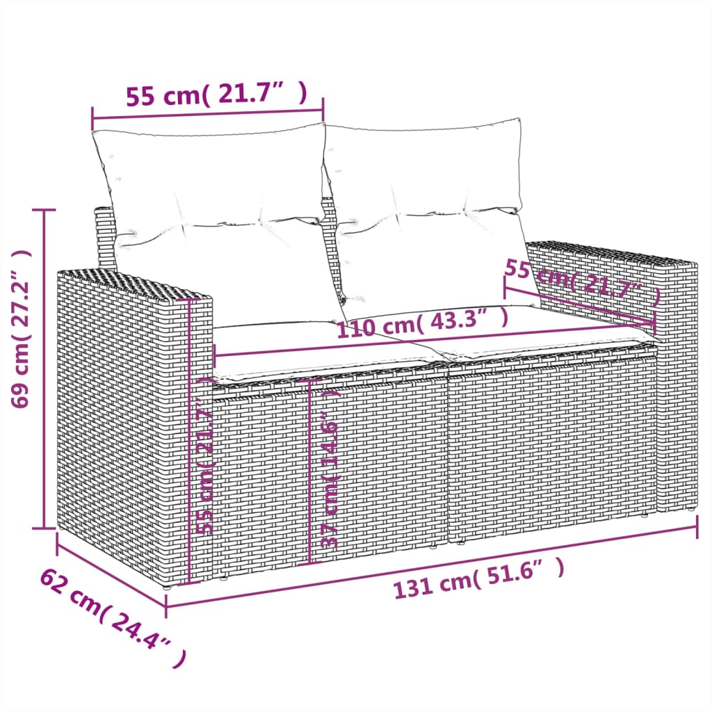 Tuinbank 2-zits met kussens poly rattan bruin