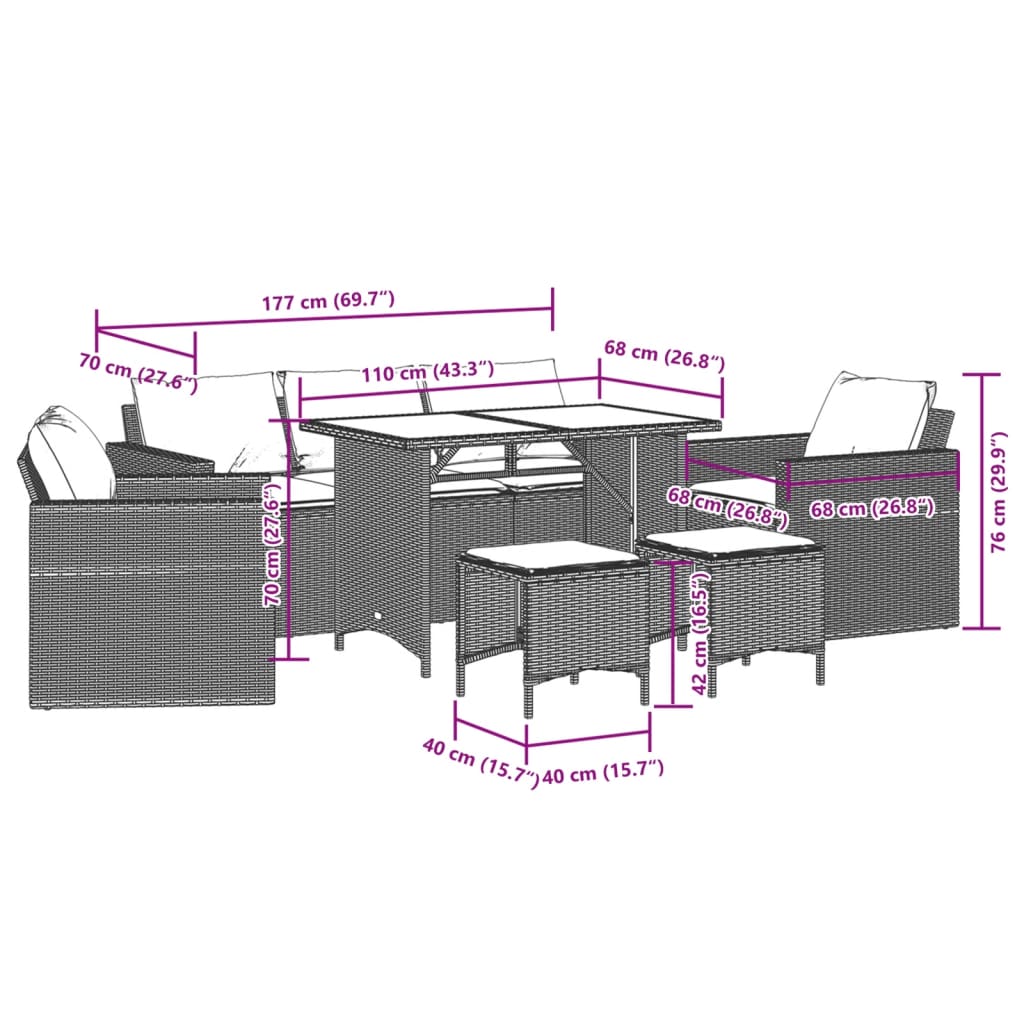 6-delige Loungeset met kussens poly rattan zwart