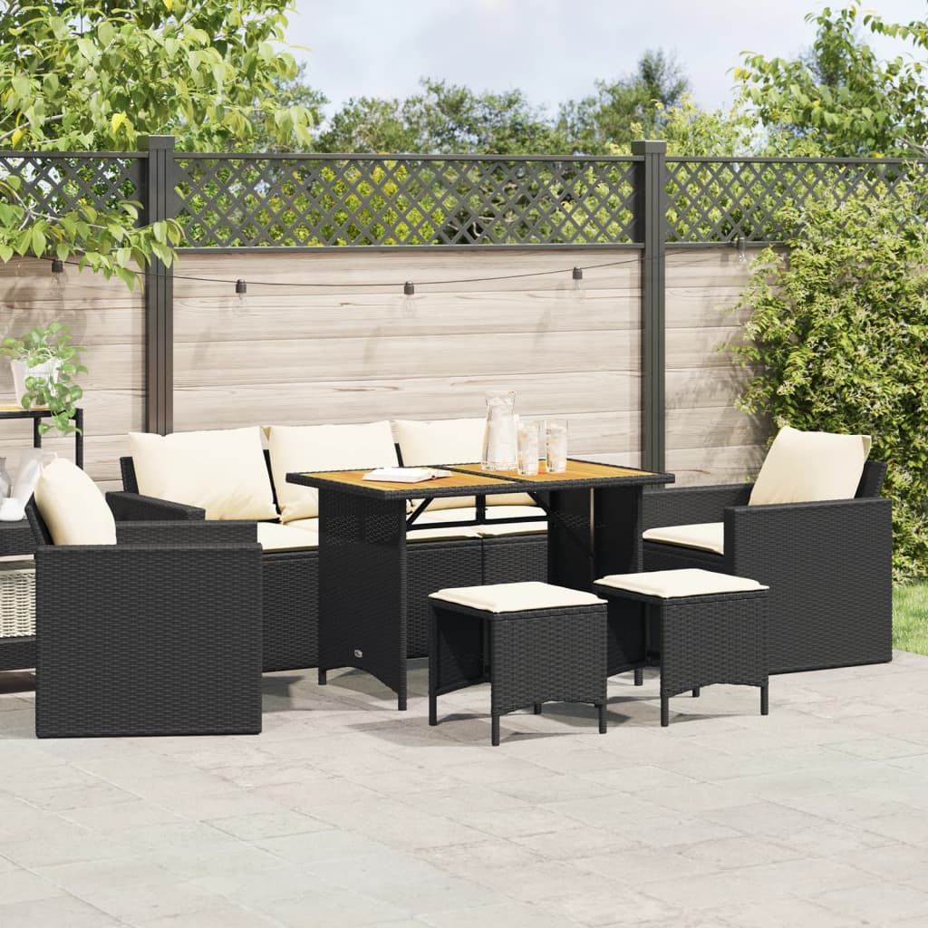 6-delige Loungeset met kussens poly rattan zwart