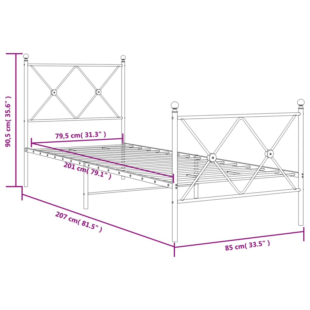 Bedframe met hoofd- en voeteneinde metaal wit 80x200 cm