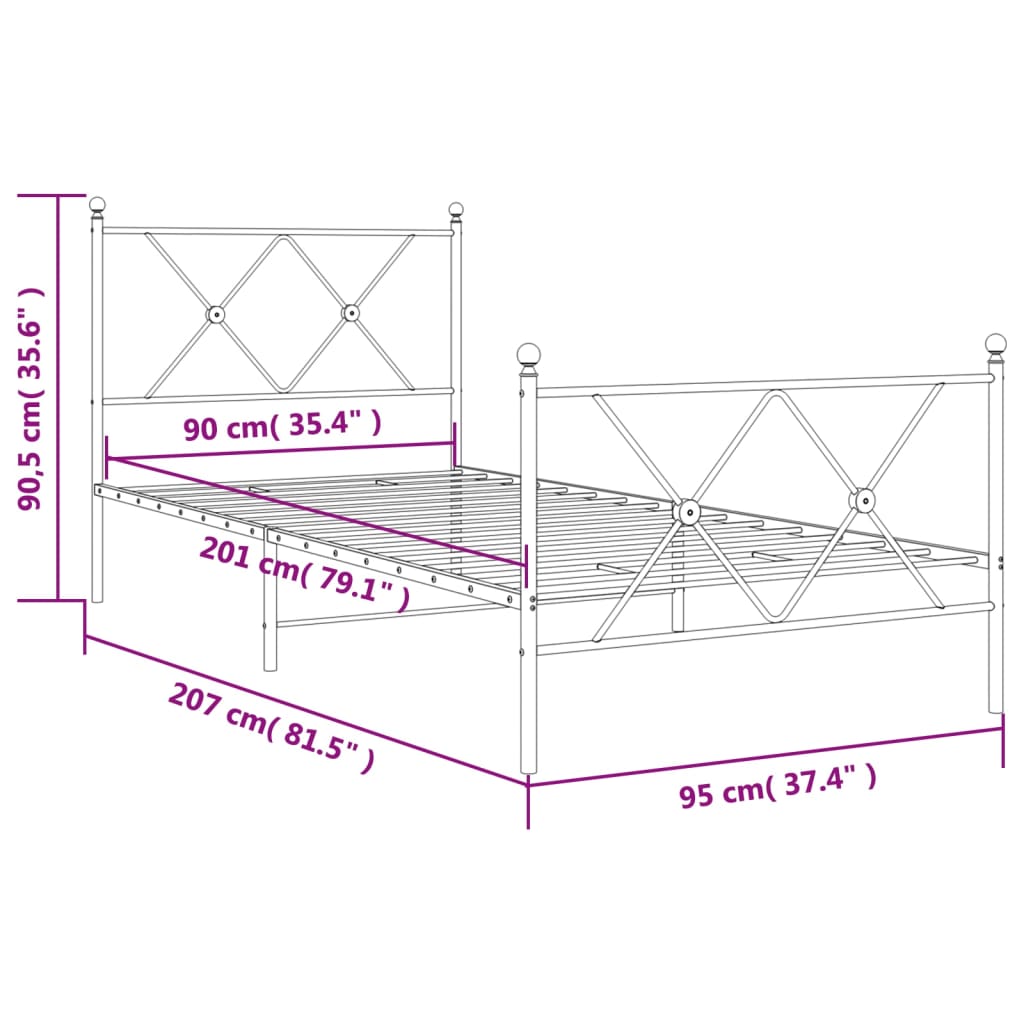 Bedframe met hoofd- en voeteneinde metaal wit 90x200 cm