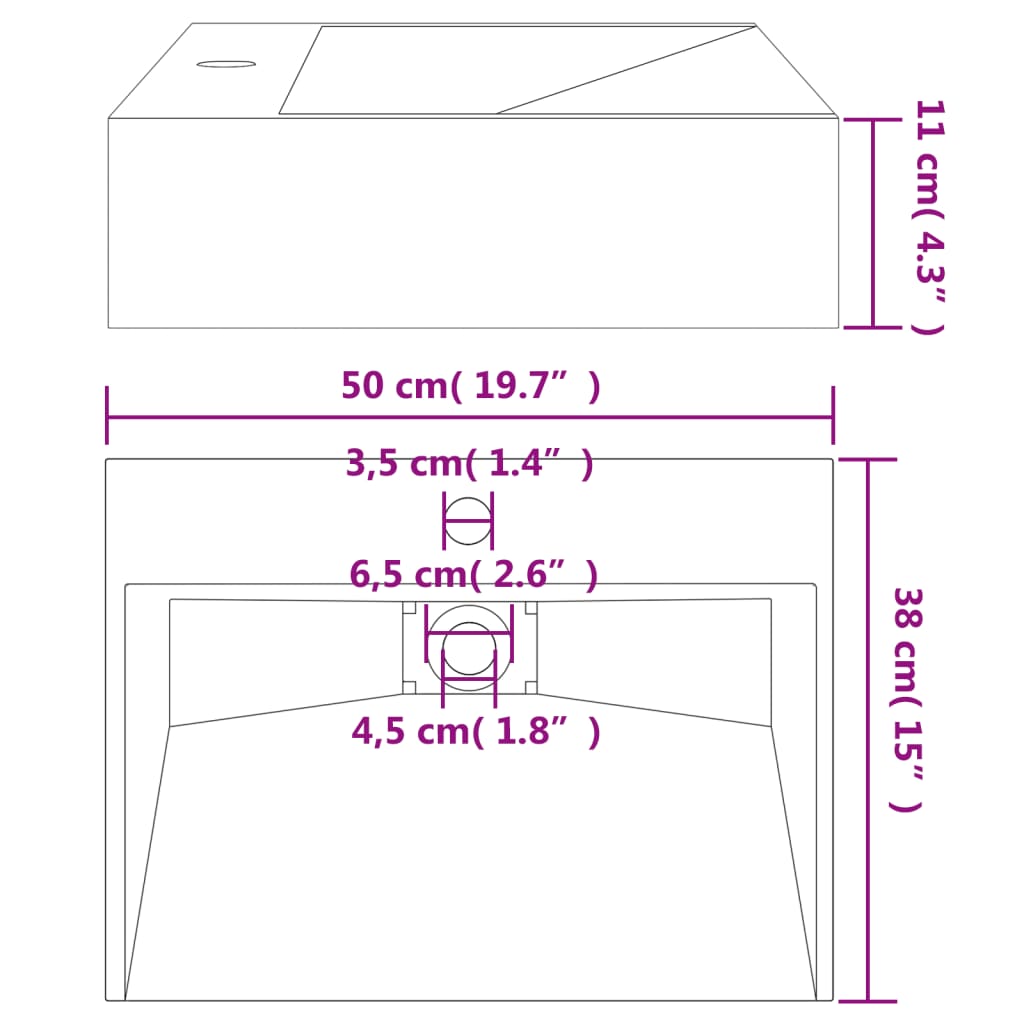 Wastafel 50x38x11 cm gegoten mineraal/marmer matzwart