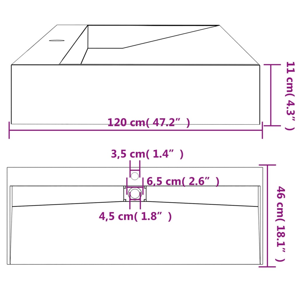 Wastafel 120x46x11 cm gegoten mineraal/marmer matzwart