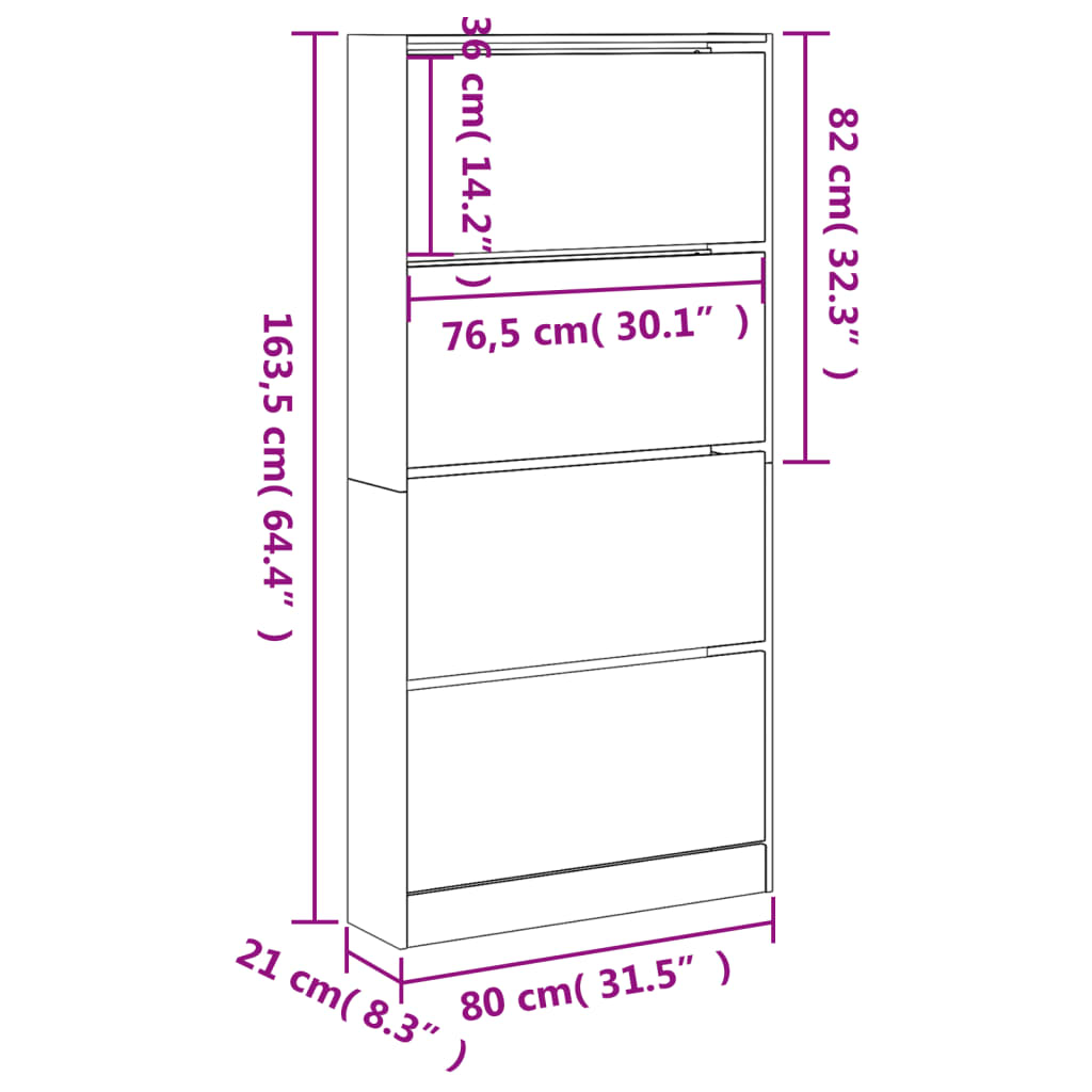 Schoenenkast Met 4 Klaplades 80X21X163,5 Cm Sonoma Eikenkleurig Sonoma Eiken 80 x 21 x 163.5 cm