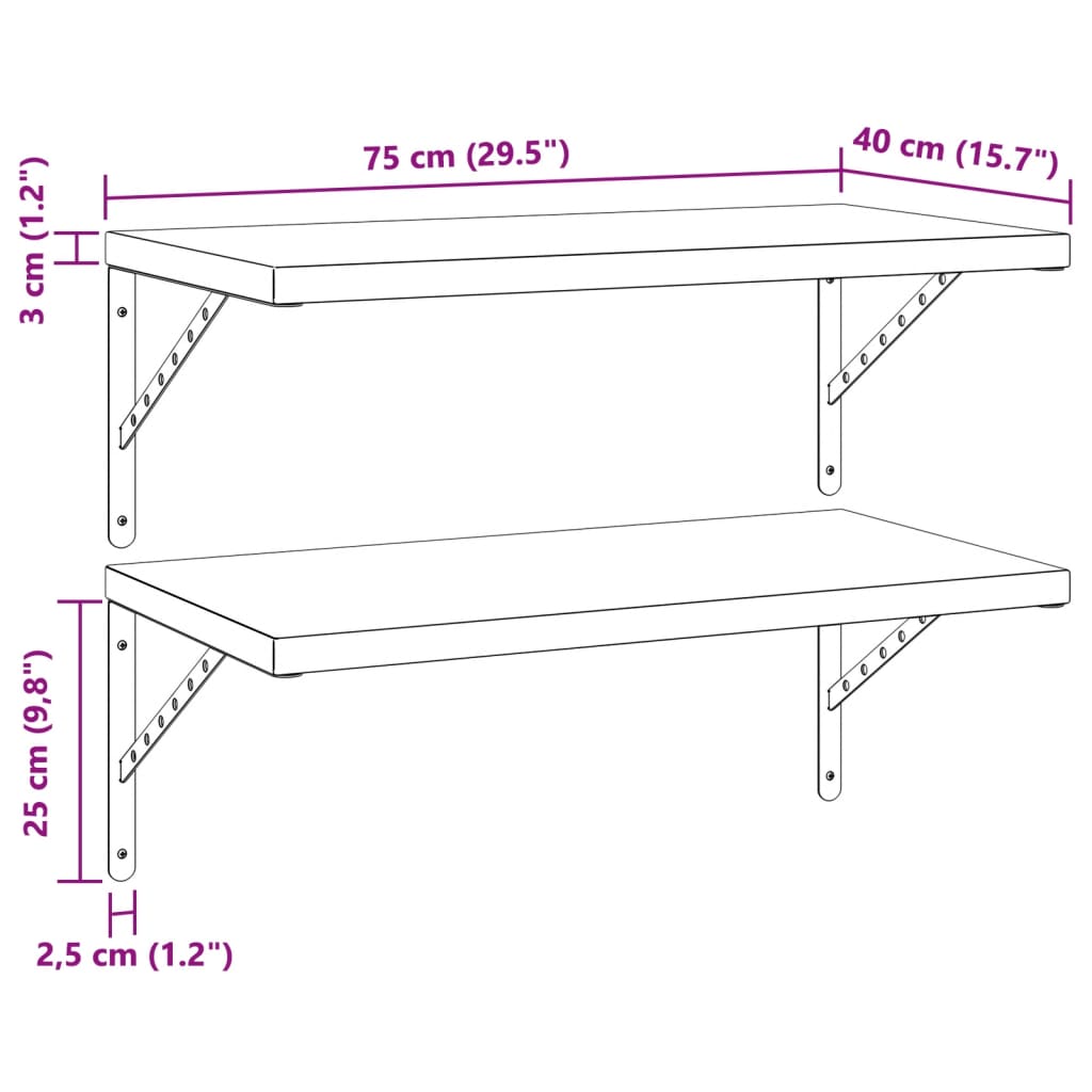 Wandschappen 2 st 75x40 cm roestvrijstaal zwart