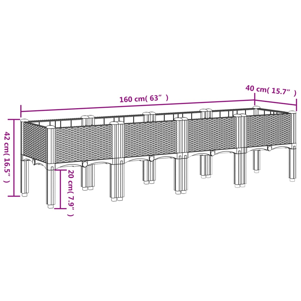 Plantenbak met poten 160x40x42 cm polypropeen wit