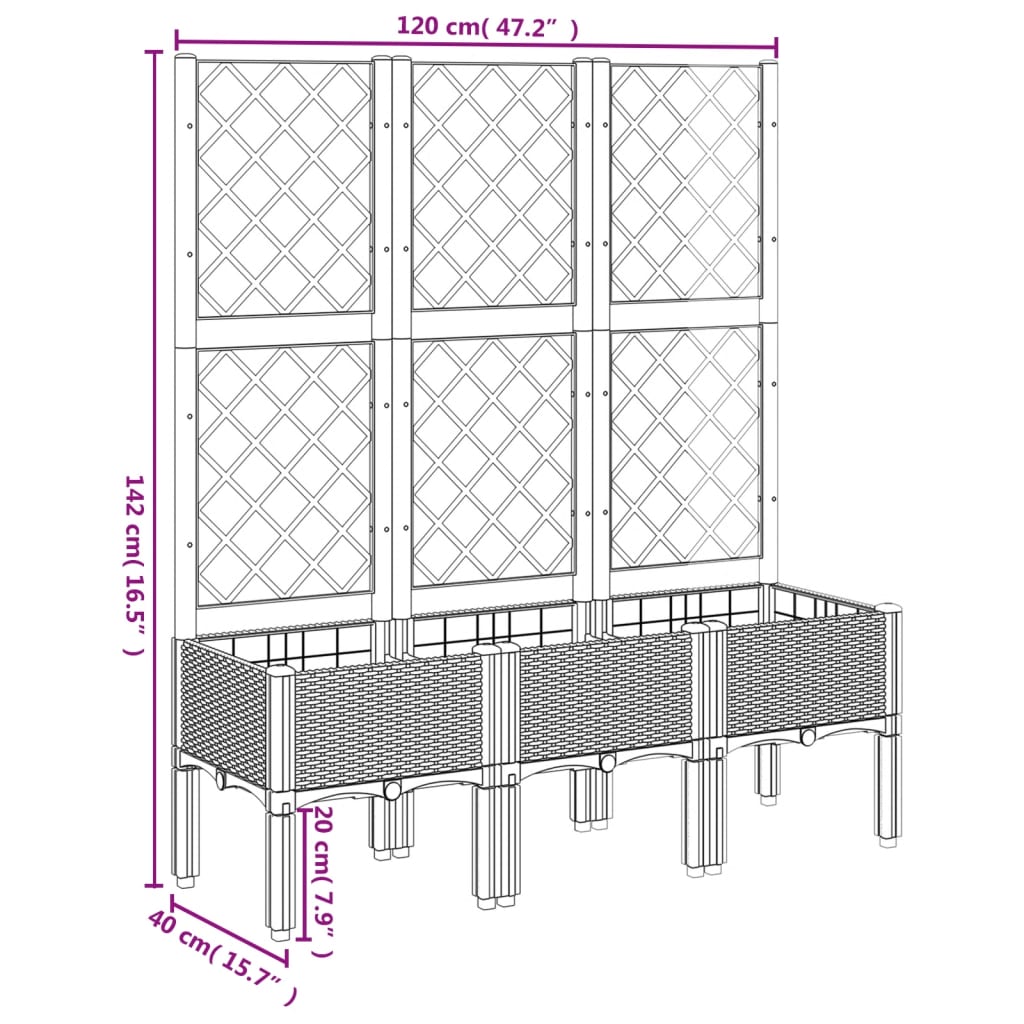 Plantenbak met latwerk 120x40x142 cm polypropeen grijs