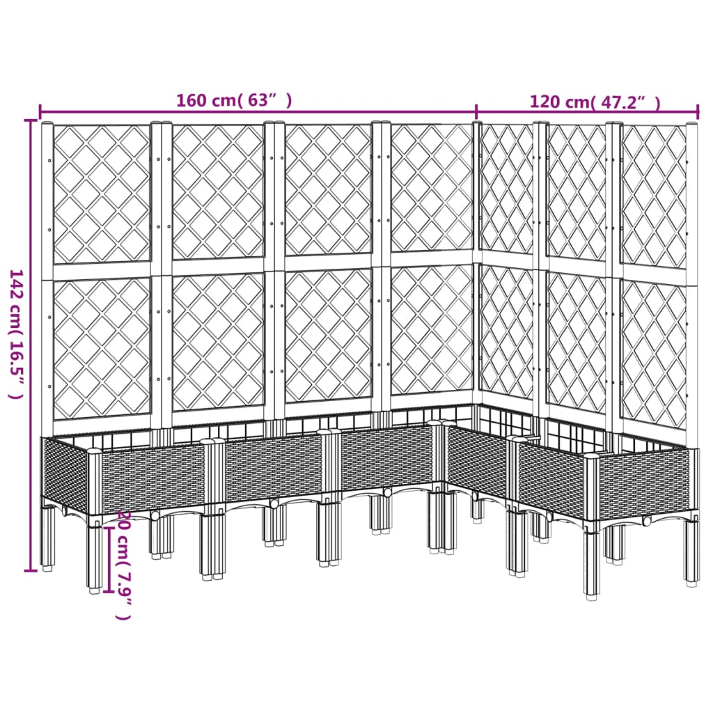 Plantenbak met latwerk 160x120x142 cm polypropeen grijs