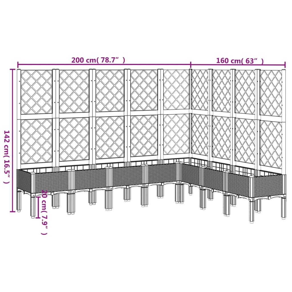 Plantenbak met latwerk 200x160x142 cm polypropeen grijs