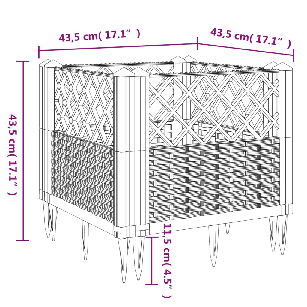 Plantenbak met pinnen 43,5x43,5x43,5 cm polypropeen grijs