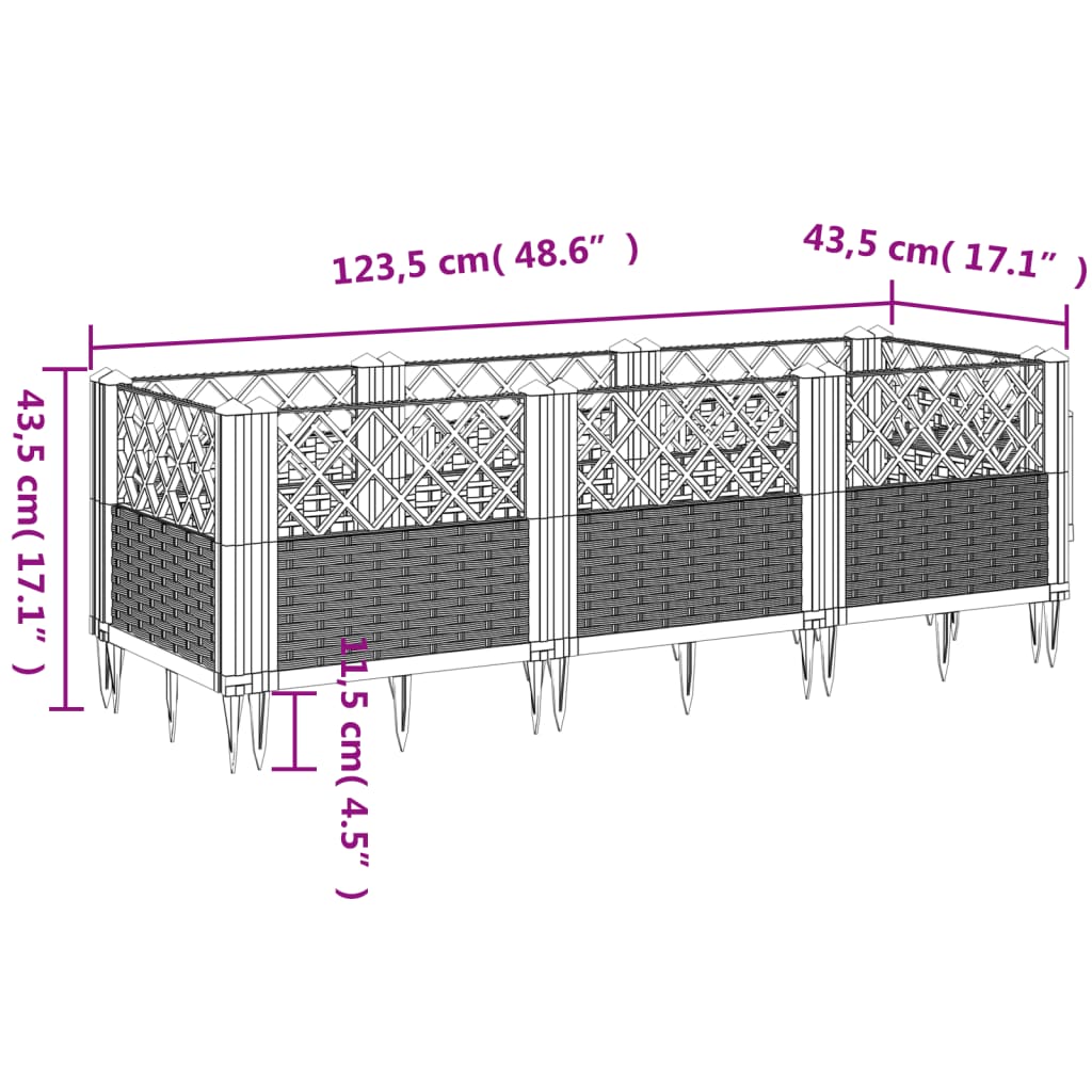 Plantenbak met pinnen 123,5x43,5x43,5 cm polypropeen grijs