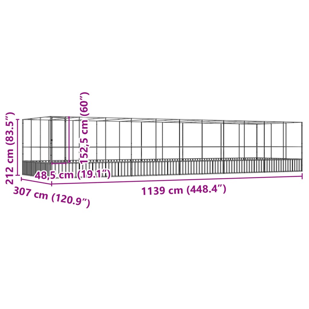 Volière met verlengstuk 1139x307x212 m staal zilverkleurig