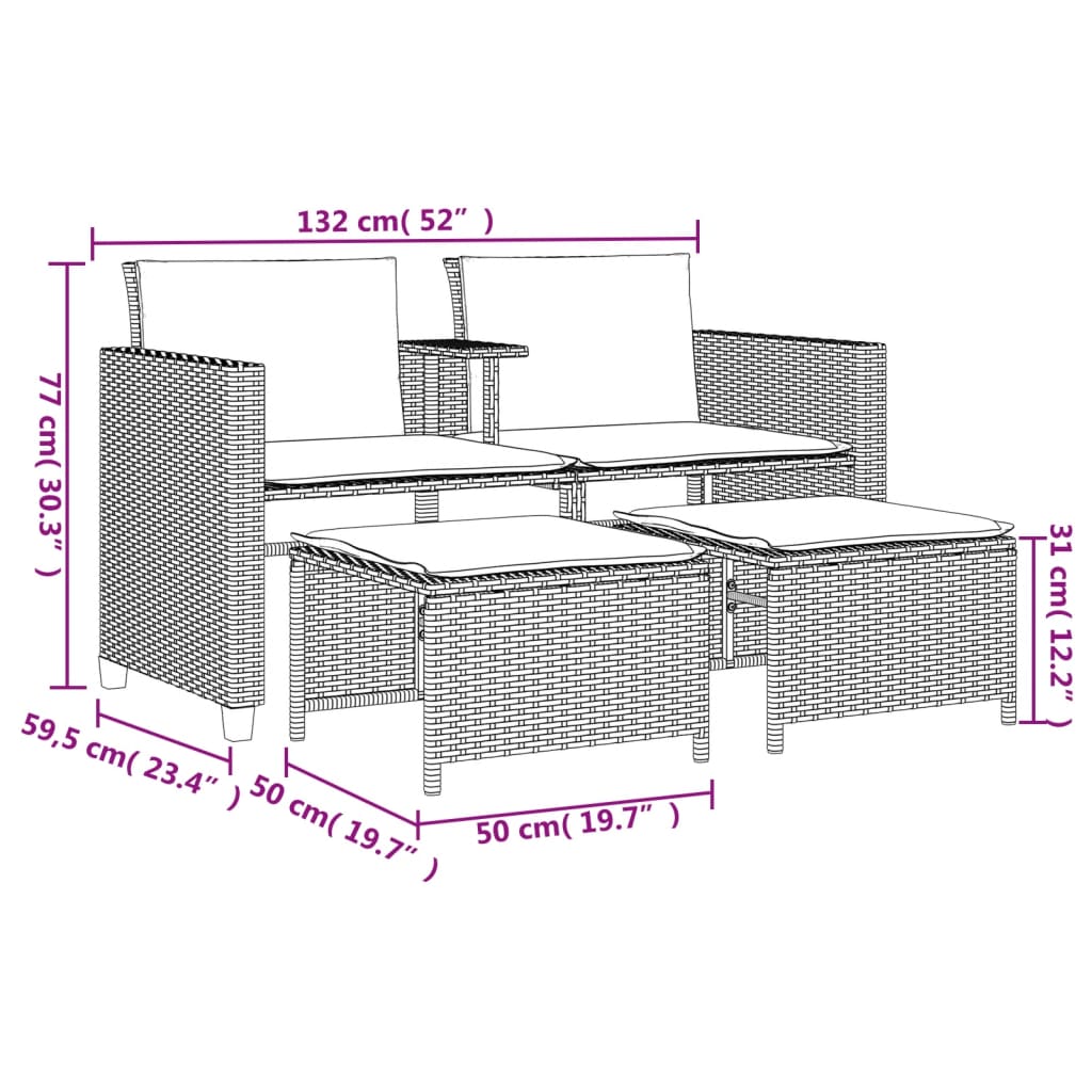 Tuinbank 2-zits met tafel en voetenbanken poly rattan zwart