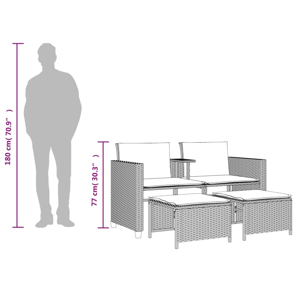 Tuinbank 2-zits met tafel en voetenbanken poly rattan bruin