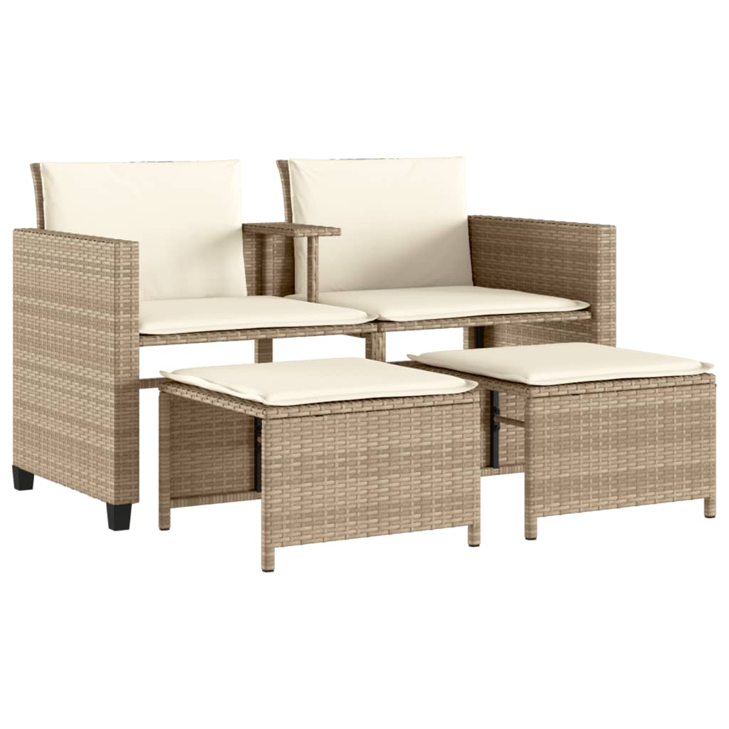 Tuinbank 2-zits met tafel en voetenbanken poly rattan beige