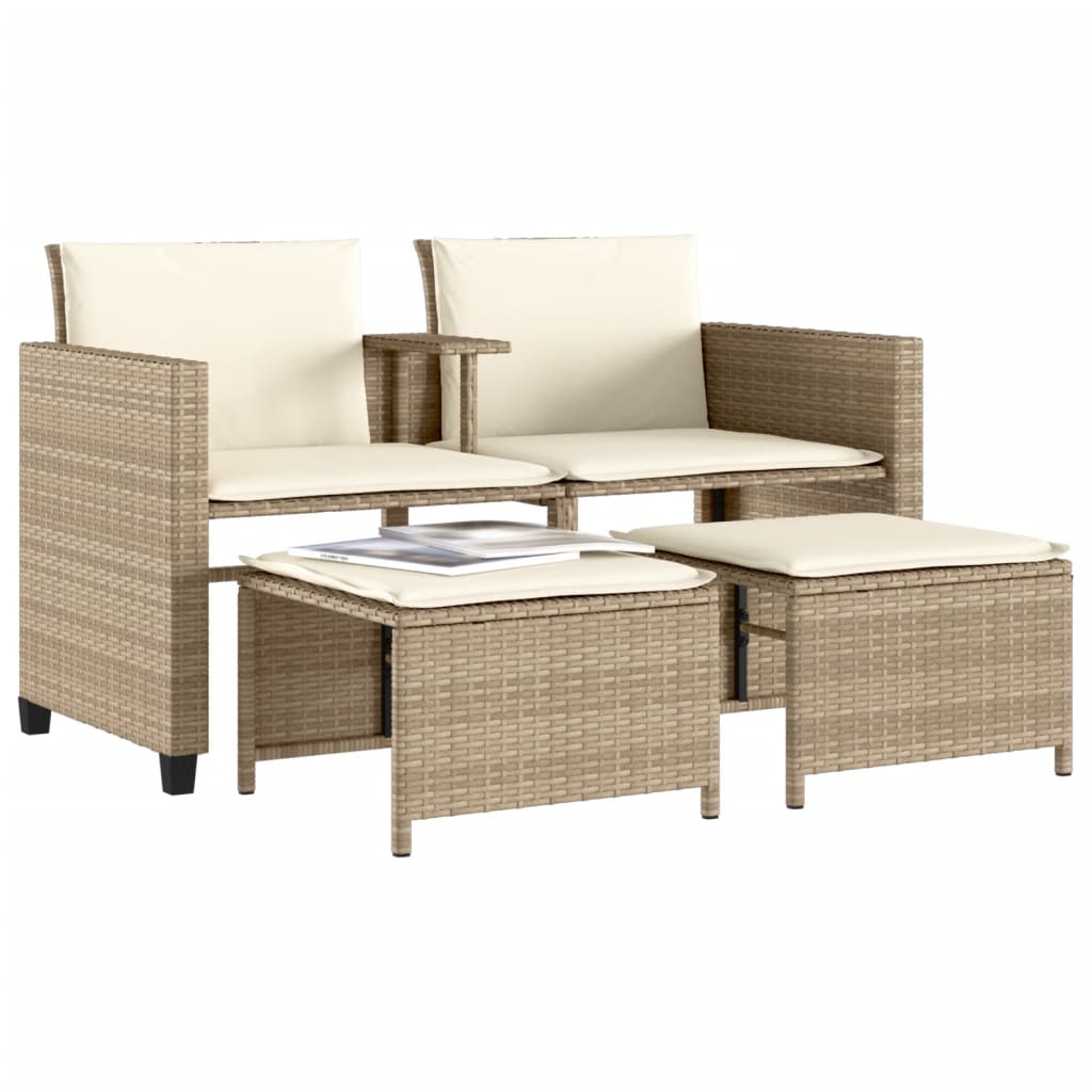 Tuinbank 2-zits met tafel en voetenbanken poly rattan beige