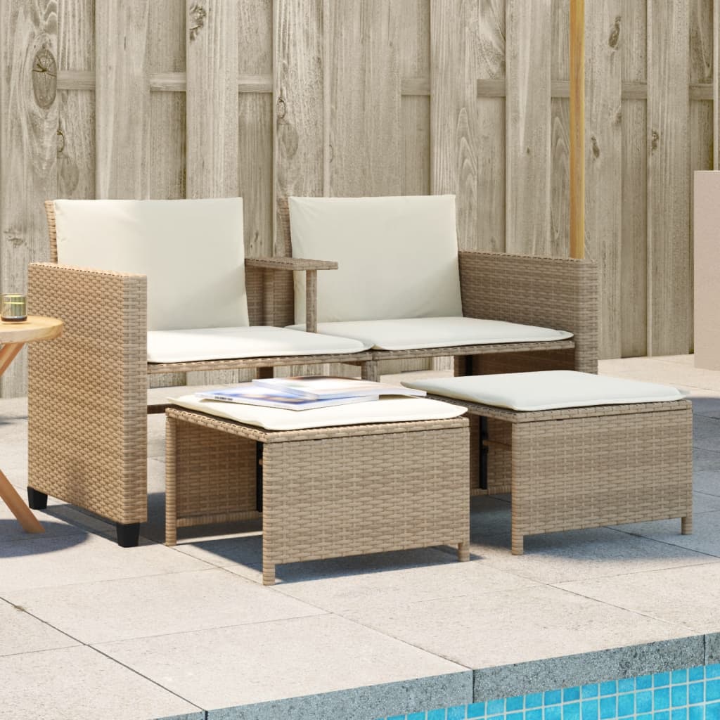 Tuinbank 2-zits met tafel en voetenbanken poly rattan beige