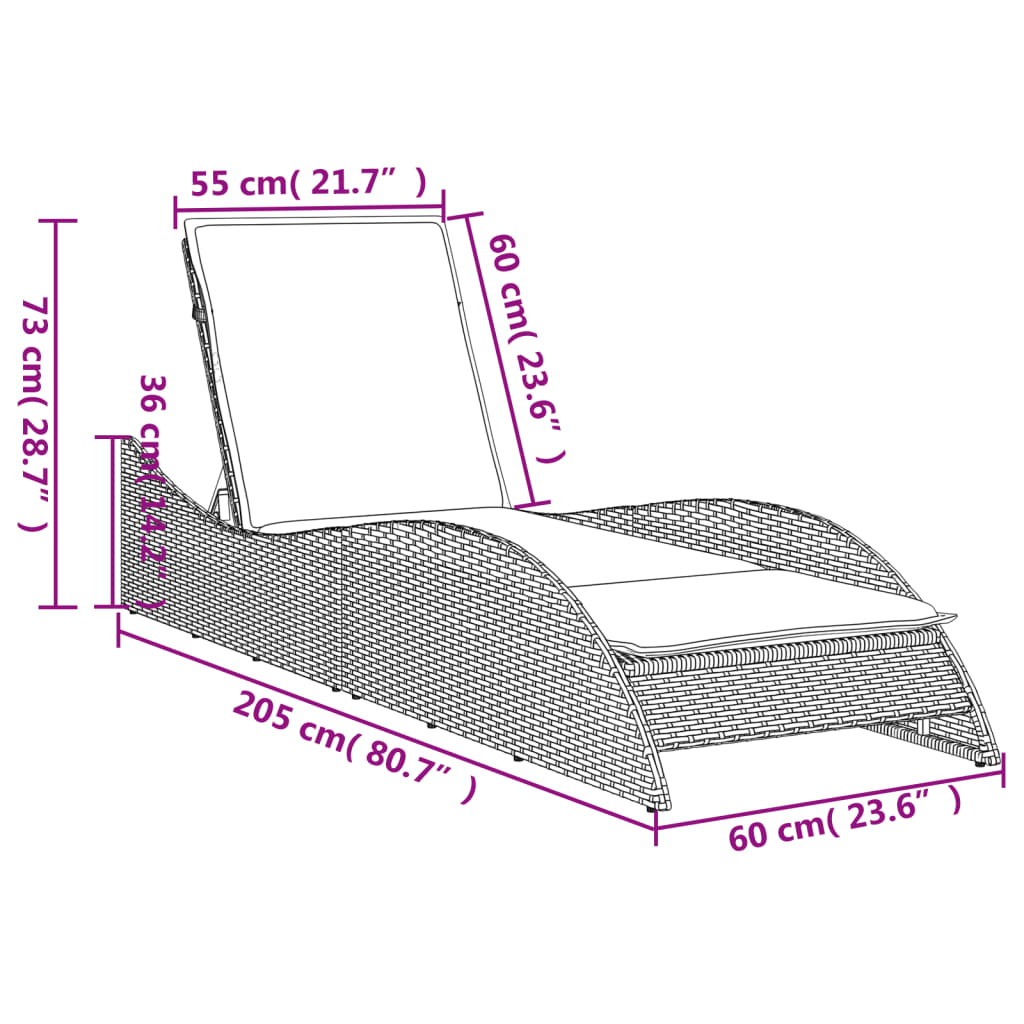 Ligbed met kussen 60x205x73 cm poly rattan bruin