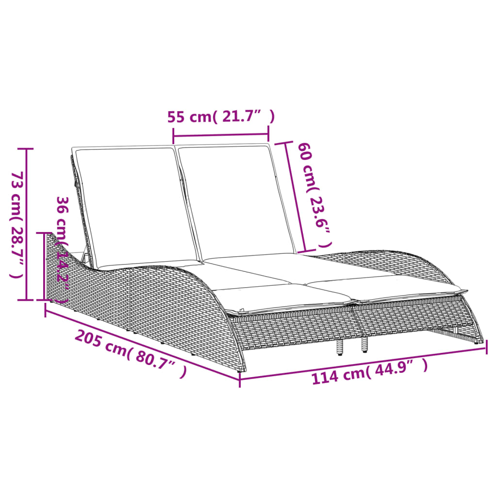 Ligbed met kussens 114x205x73 cm poly rattan zwart