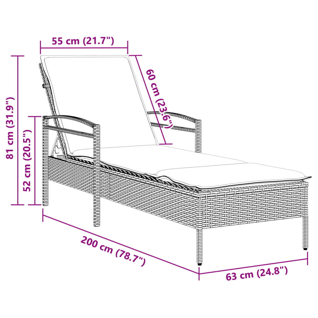 Ligbed met kussen 63x200x81 cm poly rattan zwart