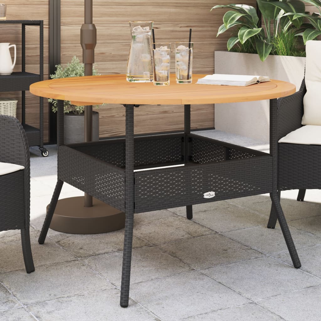 Tuintafel met acaciahouten blad Ø110x71 cm poly rattan zwart