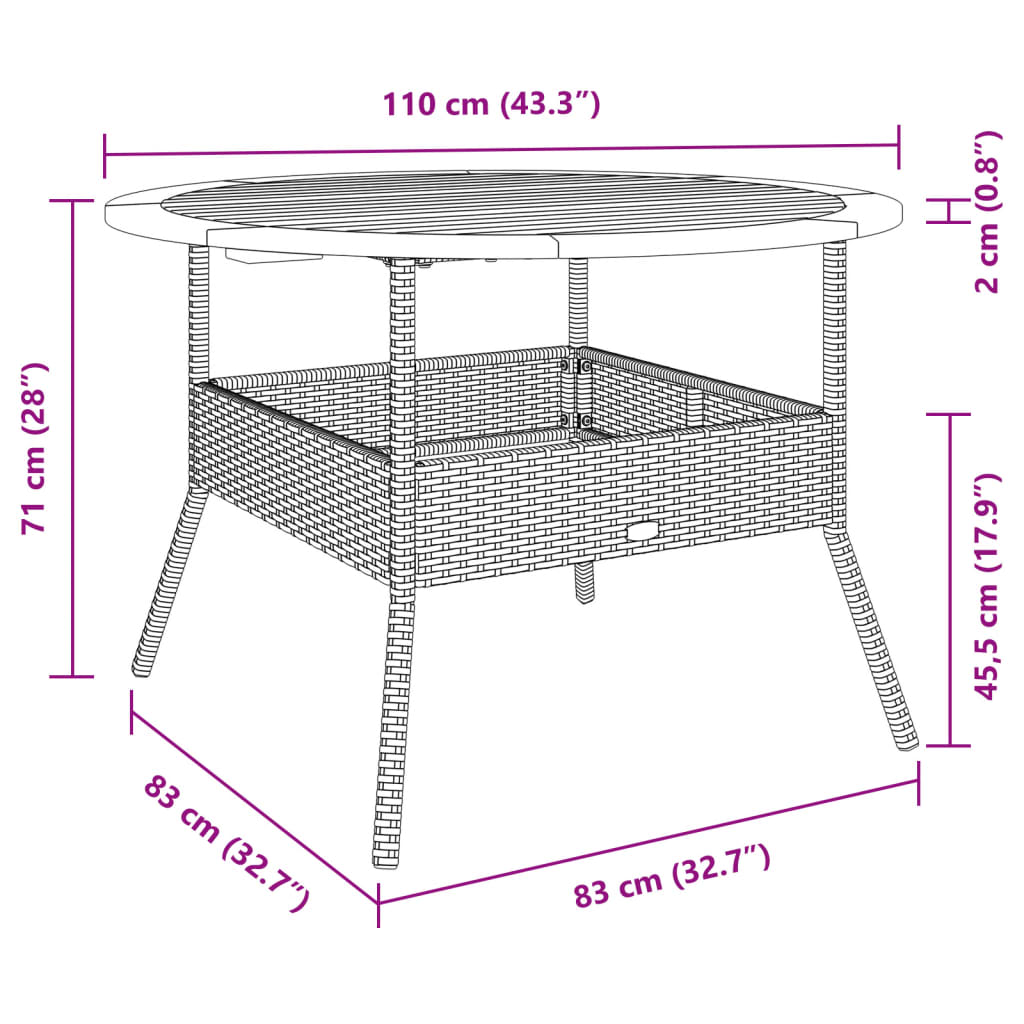 Tuintafel met acaciahouten blad Ø110x71 cm poly rattan grijs