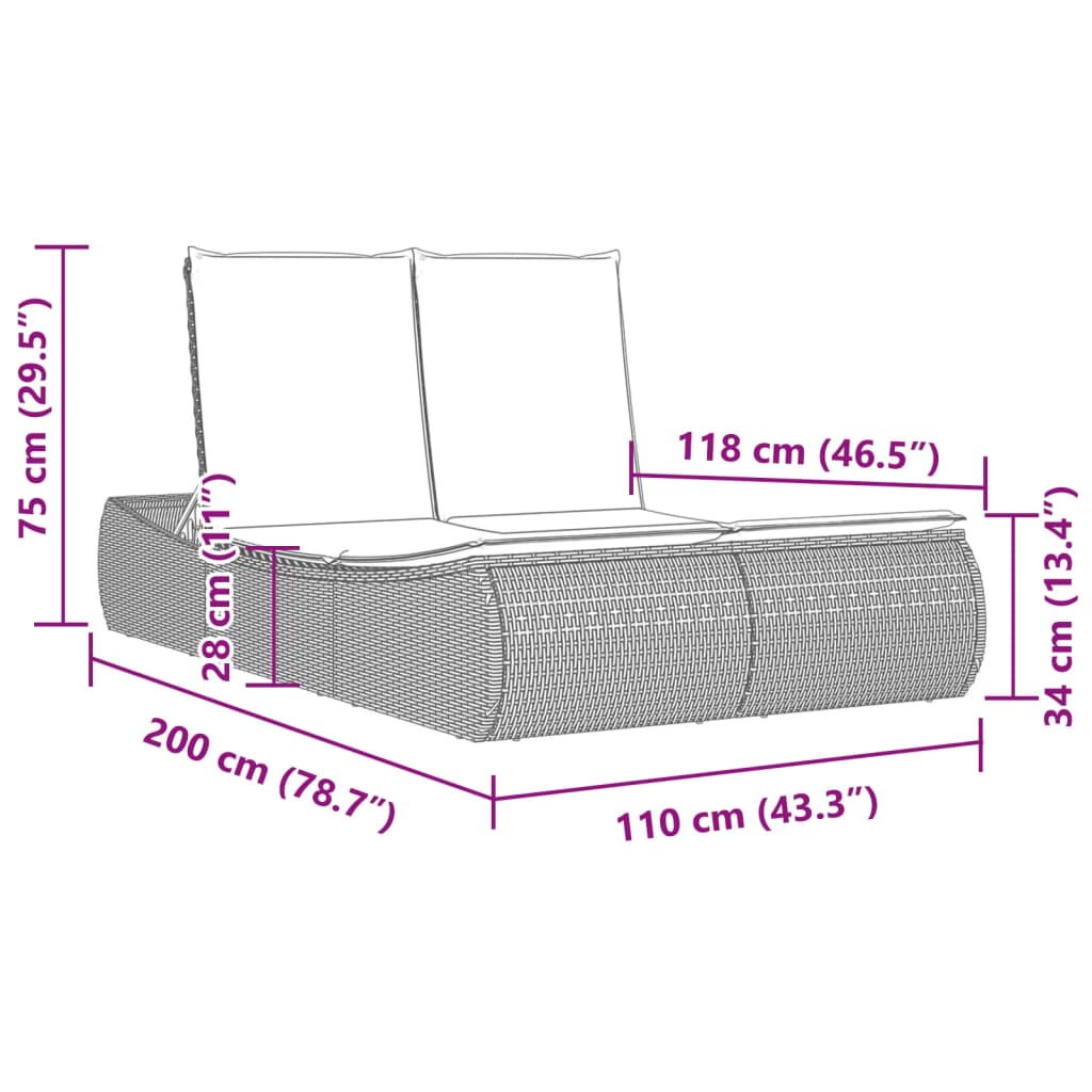 Ligbed 2-persoons met kussens poly rattan lichtgrijs