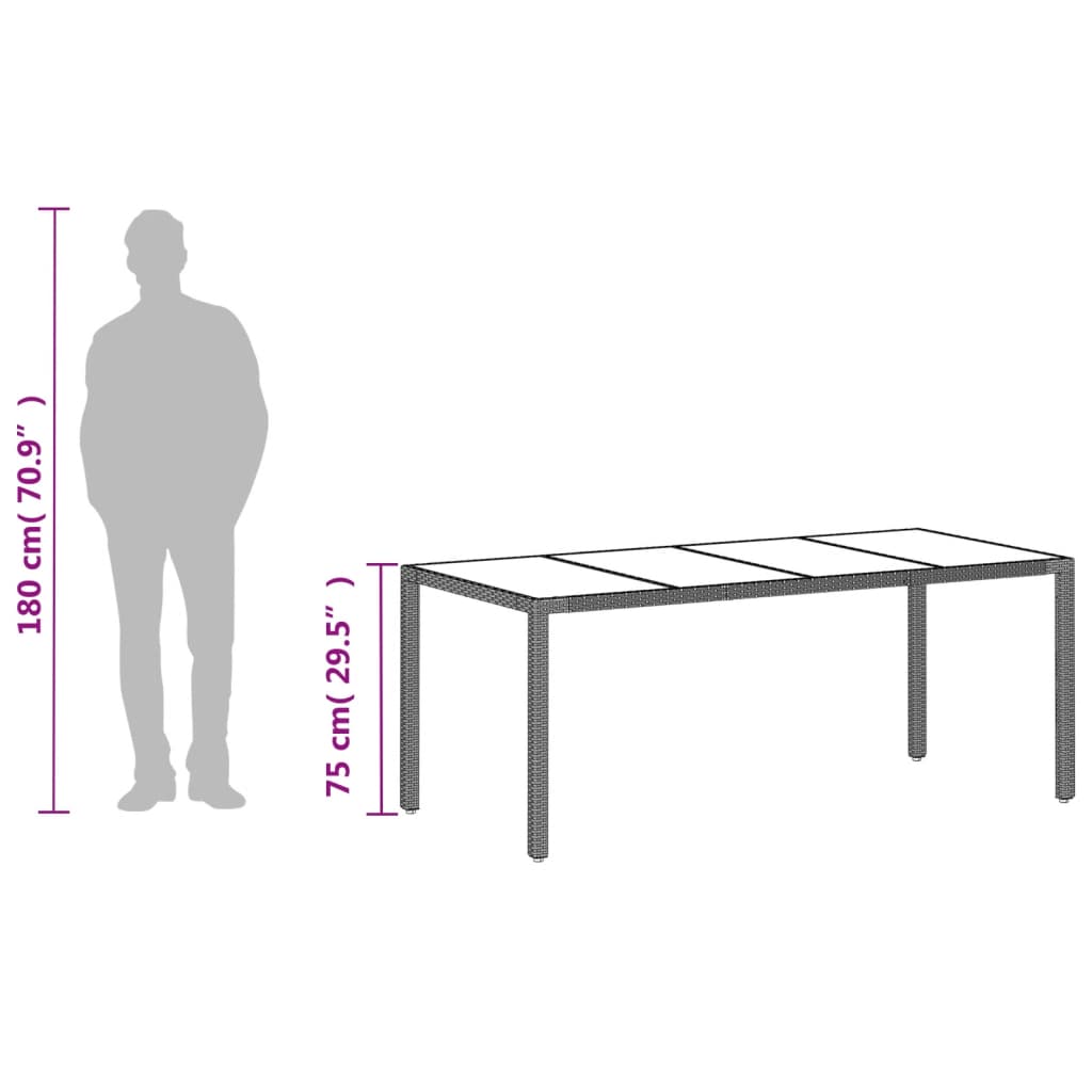 Tuintafel met glazen blad 190x90x75 cm poly rattan lichtgrijs