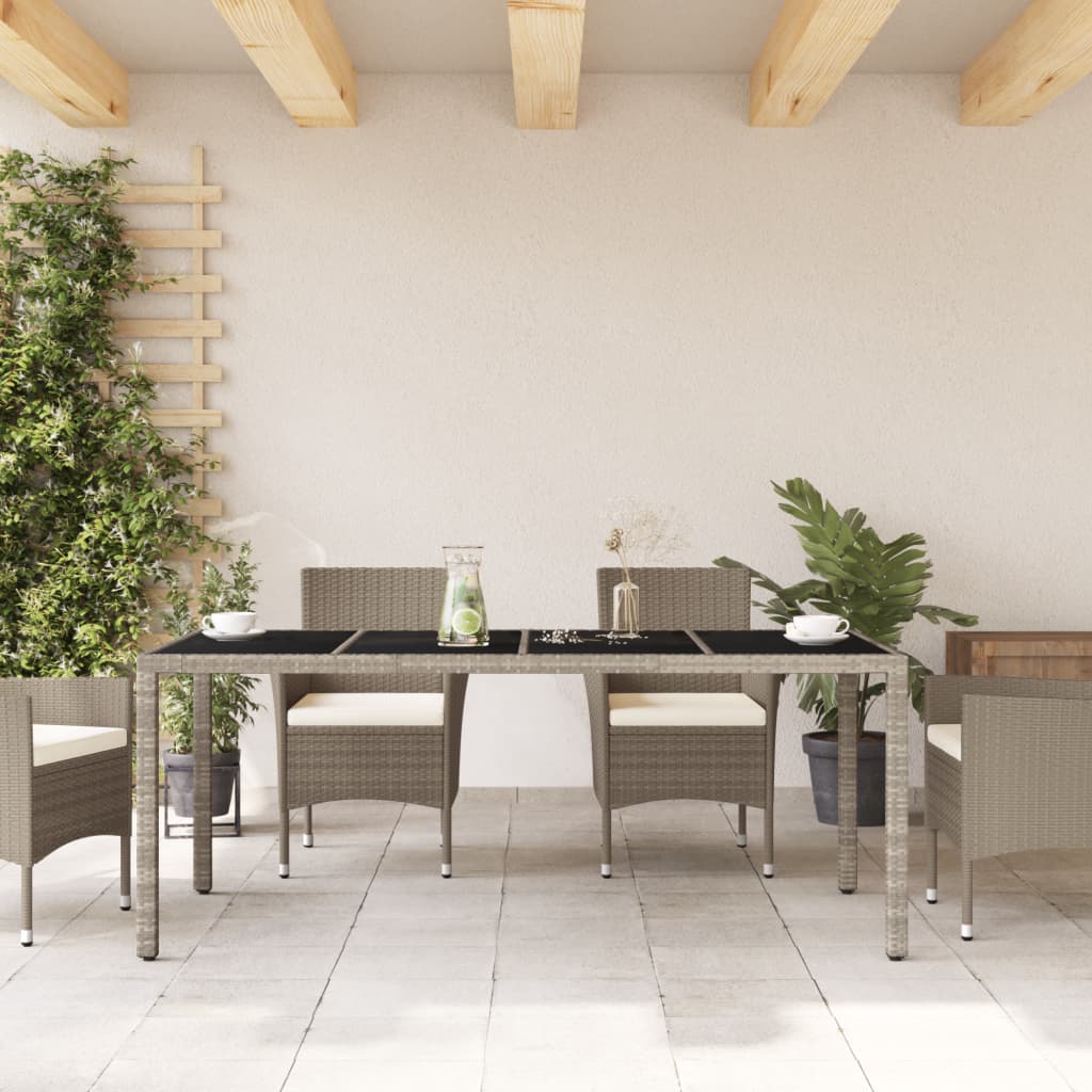 Tuintafel met glazen blad 190x90x75 cm poly rattan lichtgrijs