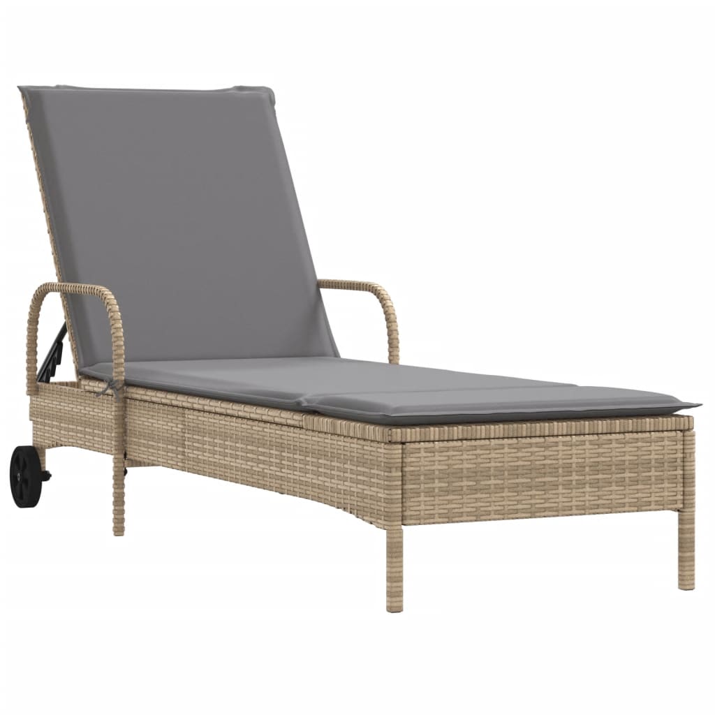 Ligbed met wielen en kussen poly rattan beige