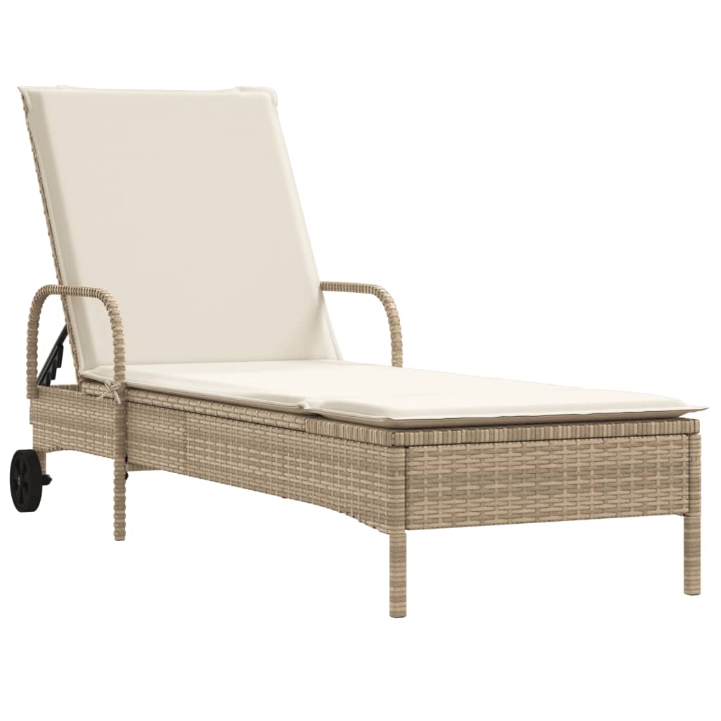 Ligbed met wielen en kussen poly rattan beige