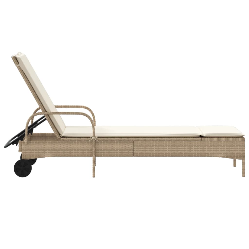 Ligbed met wielen en kussen poly rattan beige