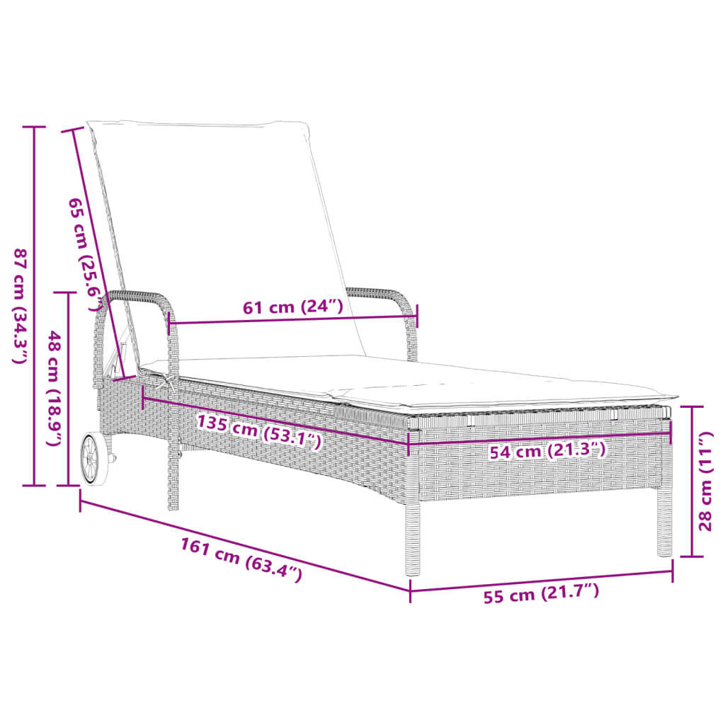 Ligbed met wielen en kussens poly rattan lichtgrijs