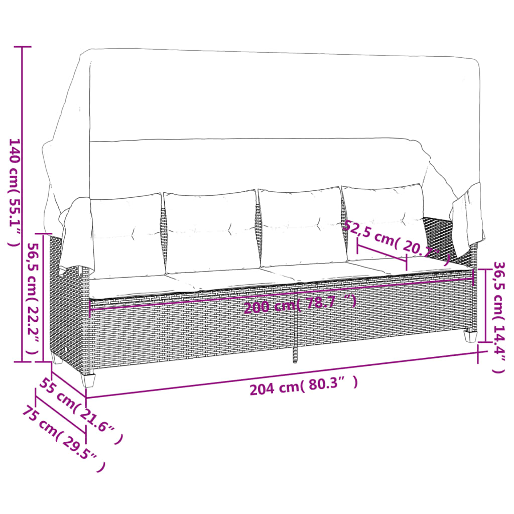 Ligbed Met Luifel En Kussens Poly Rattan Zwart en crème with canopy