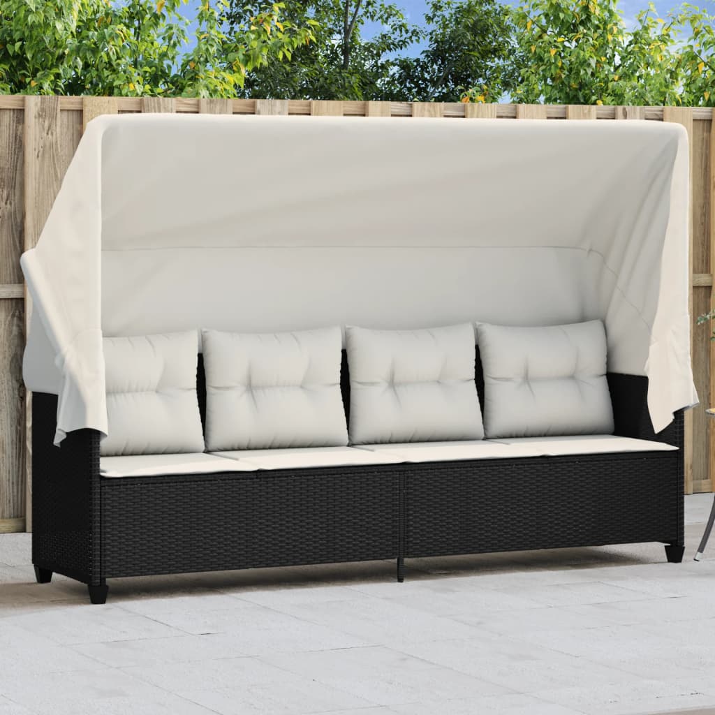 Ligbed Met Luifel En Kussens Poly Rattan Zwart en crème with canopy