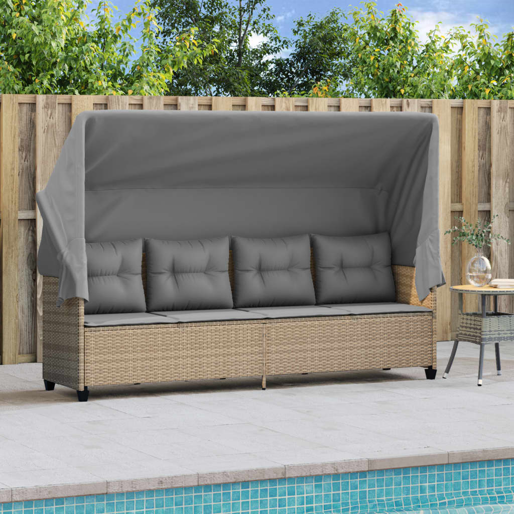 Ligbed Met Luifel En Kussen Poly Rattan  Beige en grijs with canopy