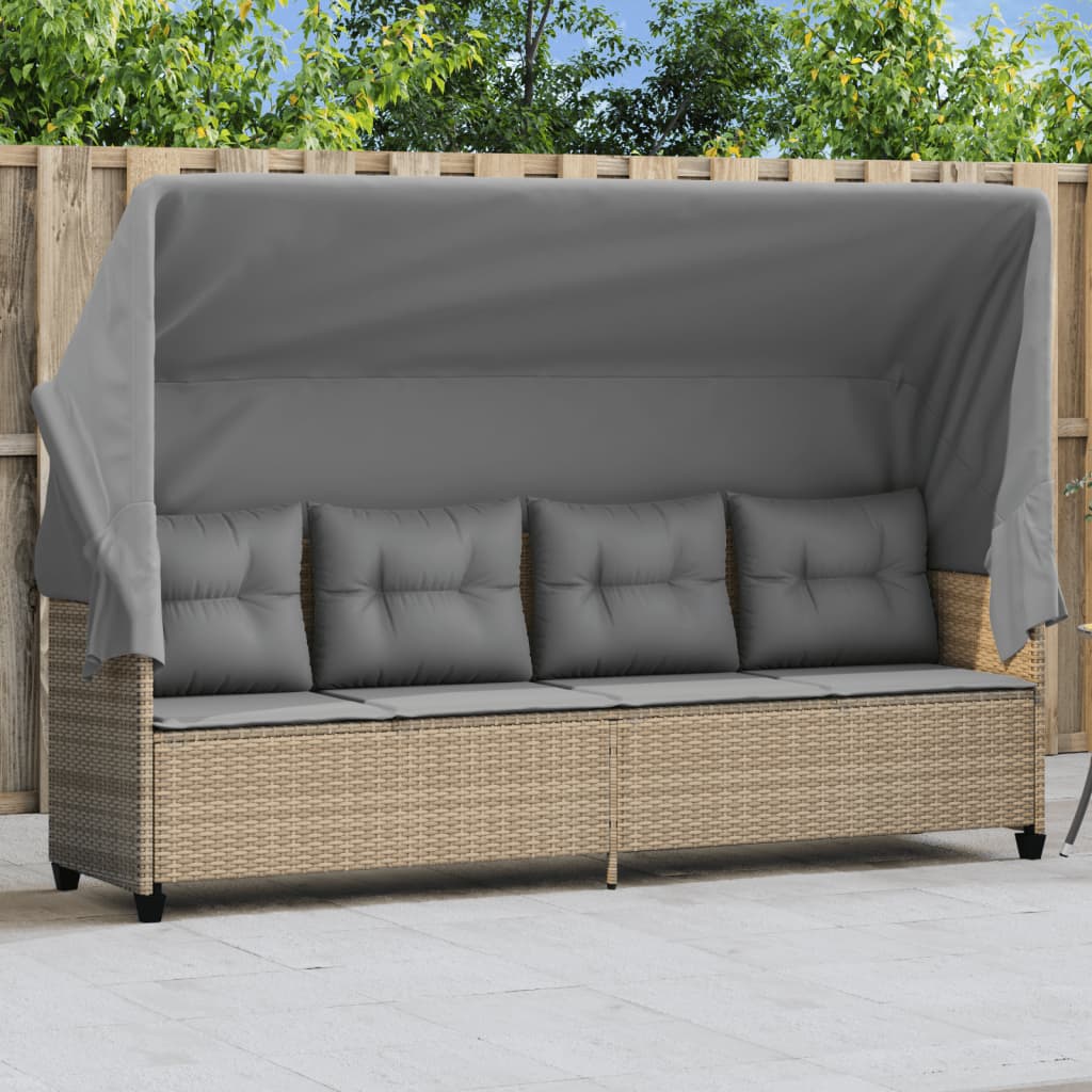 Ligbed Met Luifel En Kussen Poly Rattan  Beige en grijs with canopy