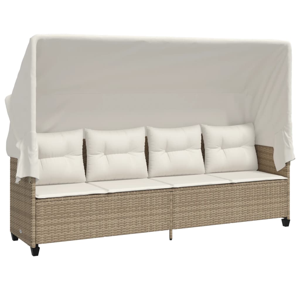 Ligbed Met Luifel En Kussen Poly Rattan Beige beige and cream with canopy