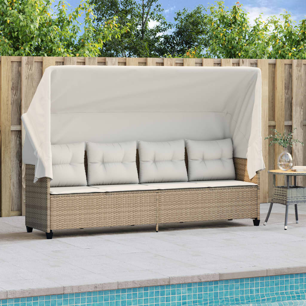 Ligbed Met Luifel En Kussen Poly Rattan Beige beige and cream with canopy