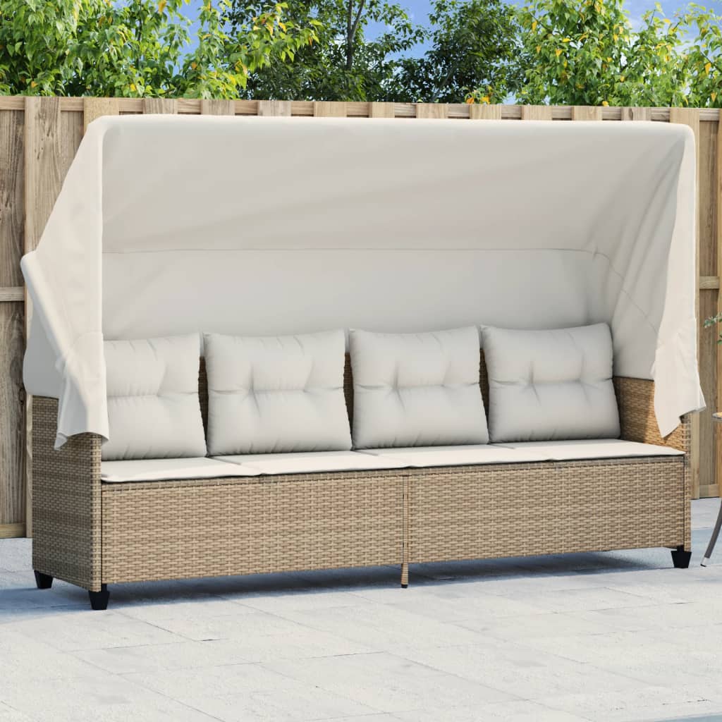 Ligbed Met Luifel En Kussen Poly Rattan Beige beige and cream with canopy