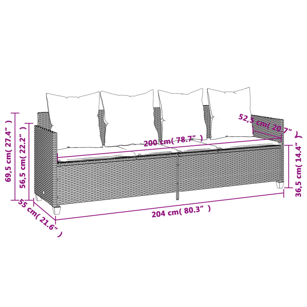 Ligbed met kussens poly rattan zwart