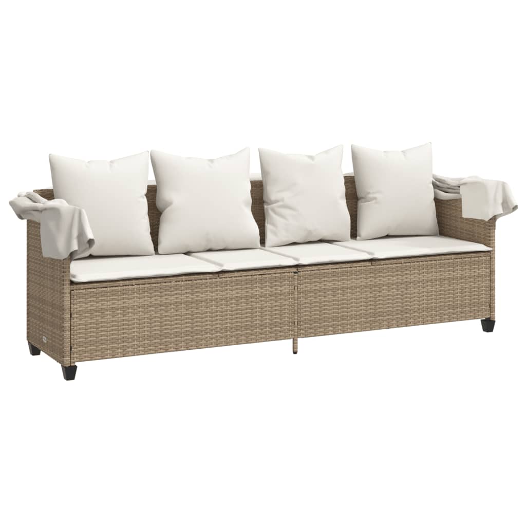 Ligbed met luifel en kussen poly rattan beige