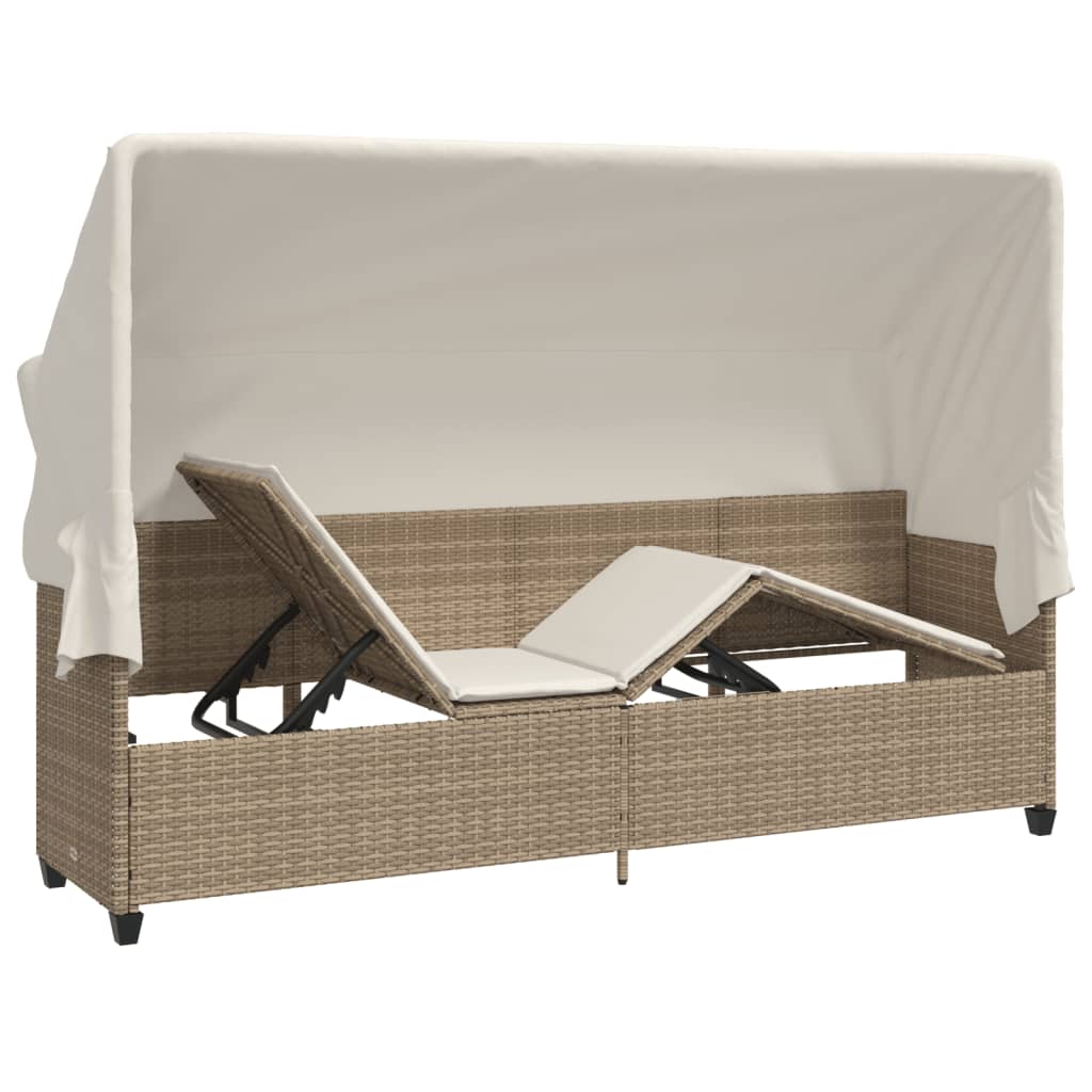 Ligbed met luifel en kussen poly rattan beige