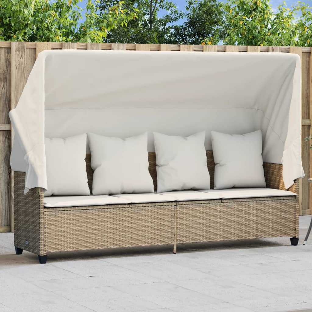 Ligbed met luifel en kussen poly rattan beige