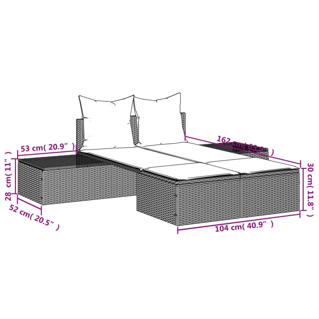 Ligbed 2-persoons met kussens poly rattan grijs