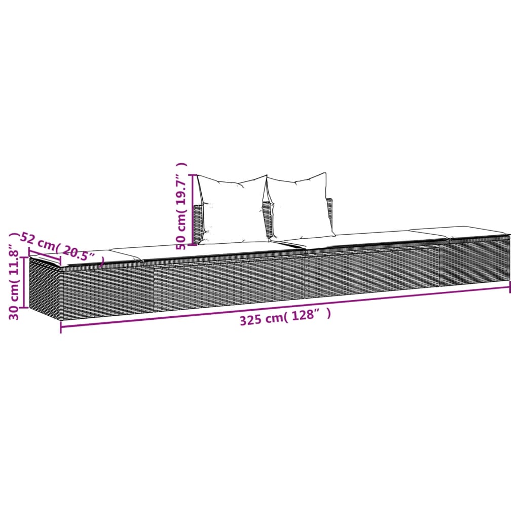 Ligbed 2-persoons met kussens poly rattan grijs